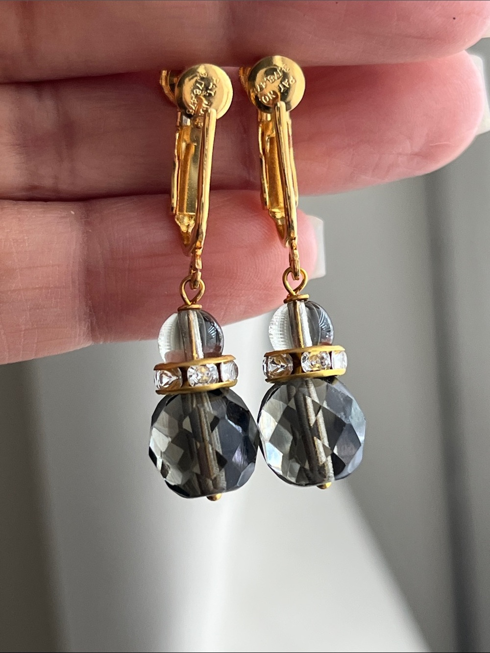 Gold-Tone Clip On Vintage Earrings with Smoky Crystal Drops by
